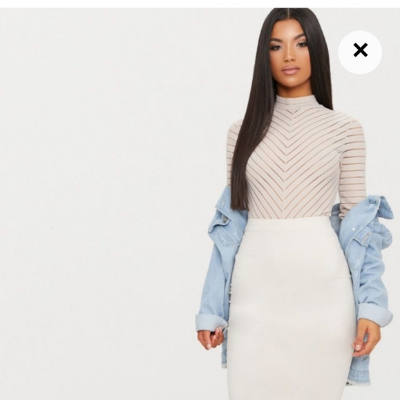 PrettyLittleThing Tops - Nude Chevron Mesh Long Sleeve Thong Bodysuit

SZ L